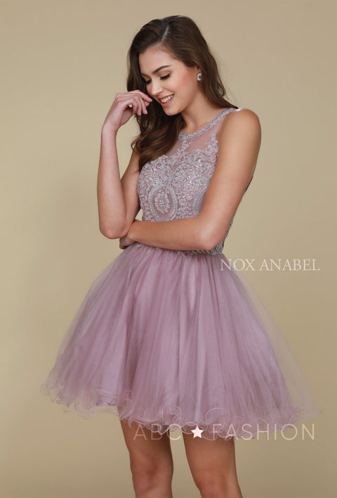 Short Tulle Bodice Dress with Embroidered Appliques by Nox Anabel B652