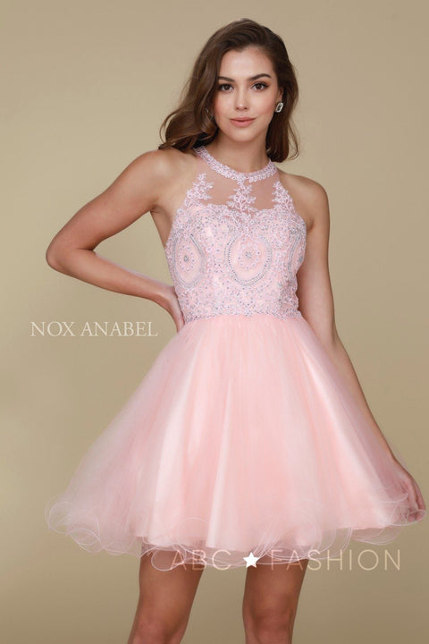 Short Tulle Bodice Dress with Embroidered Appliques by Nox Anabel B652