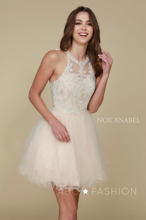 Short Tulle Bodice Dress with Embroidered Appliques by Nox Anabel B652