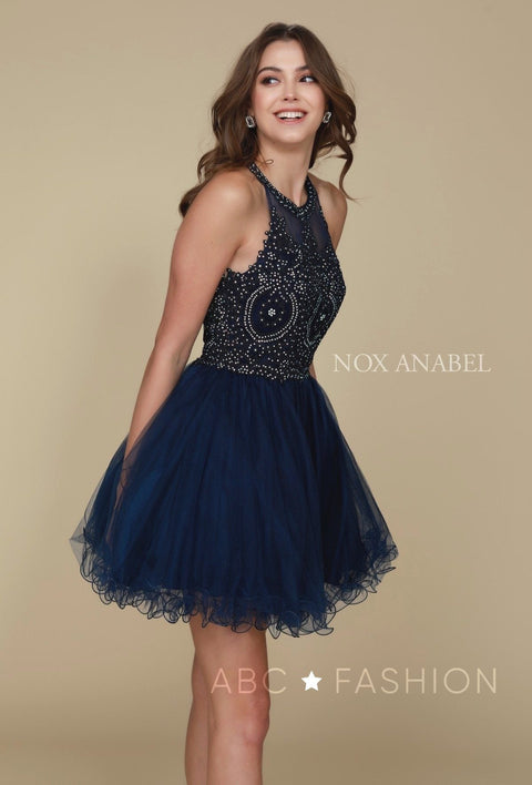 Short Tulle Bodice Dress with Embroidered Appliques by Nox Anabel B652