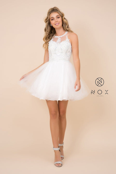 Short Tulle Bodice Dress with Embroidered Appliques by Nox Anabel B652