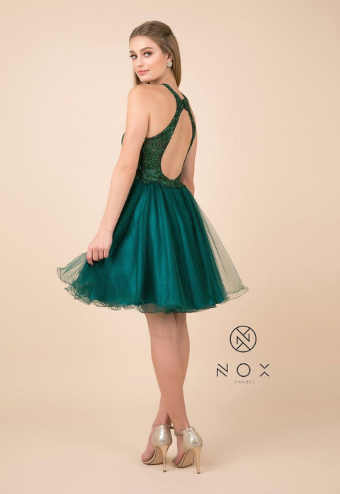 Tulle Short Dress with Halter Lace Bodice by Nox Anabel E696