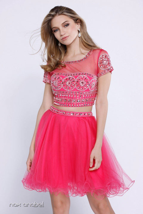 Short Two Piece Beaded Illusion Top Dress by Nox Anabel 6229