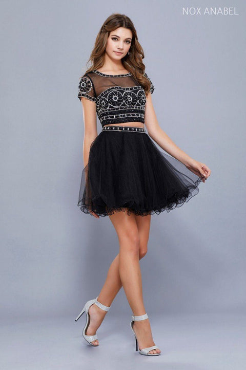 Short Two Piece Beaded Illusion Top Dress by Nox Anabel 6229