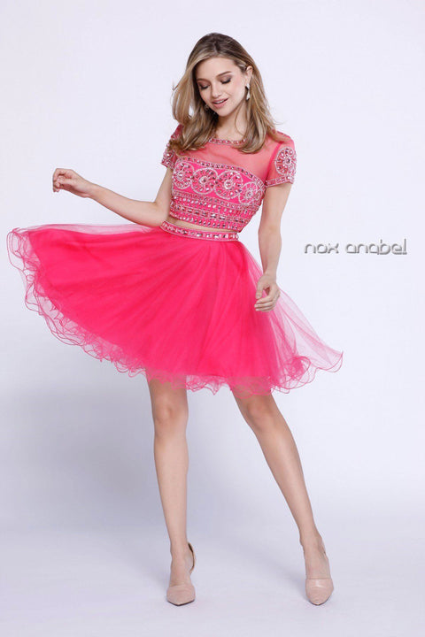 Short Two Piece Beaded Illusion Top Dress by Nox Anabel 6229