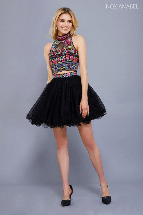 Two Piece Short Dress with Floral Embroidered Top by Nox Anabel 6272