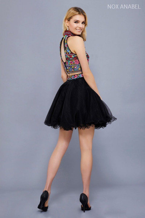 Two Piece Short Dress with Floral Embroidered Top by Nox Anabel 6272