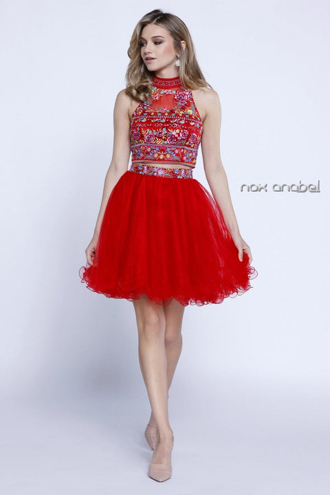 Two Piece Short Dress with Floral Embroidered Top by Nox Anabel 6272