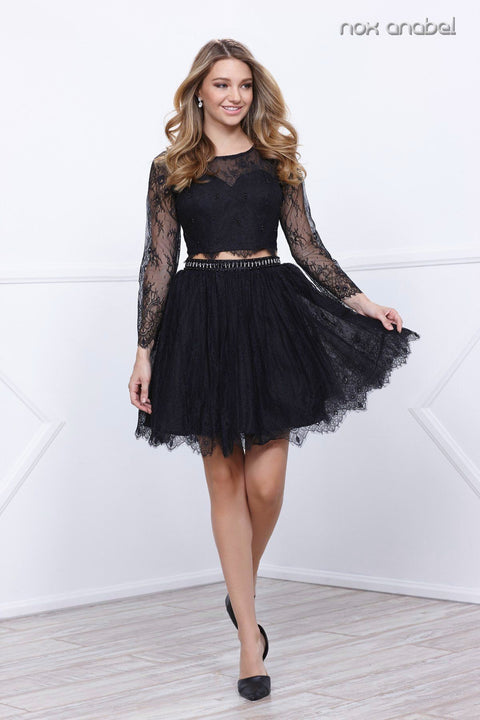 Short Long Sleeves Two Piece Lace Dress by Nox Anabel 6268