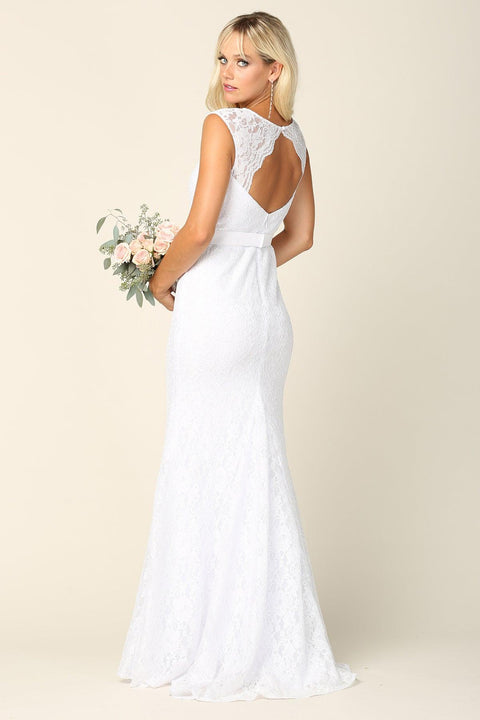 Wedding Dress with Long Cap Sleeves and Belted Lace