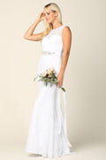 Wedding Dress with Long Cap Sleeves and Belted Lace