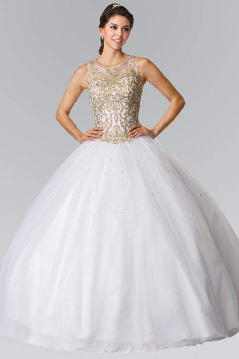 Elizabeth K GL2207: Sleeveless Ballgown Adorned with Gold Embroidery