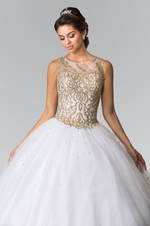 Elizabeth K GL2207: Sleeveless Ballgown Adorned with Gold Embroidery