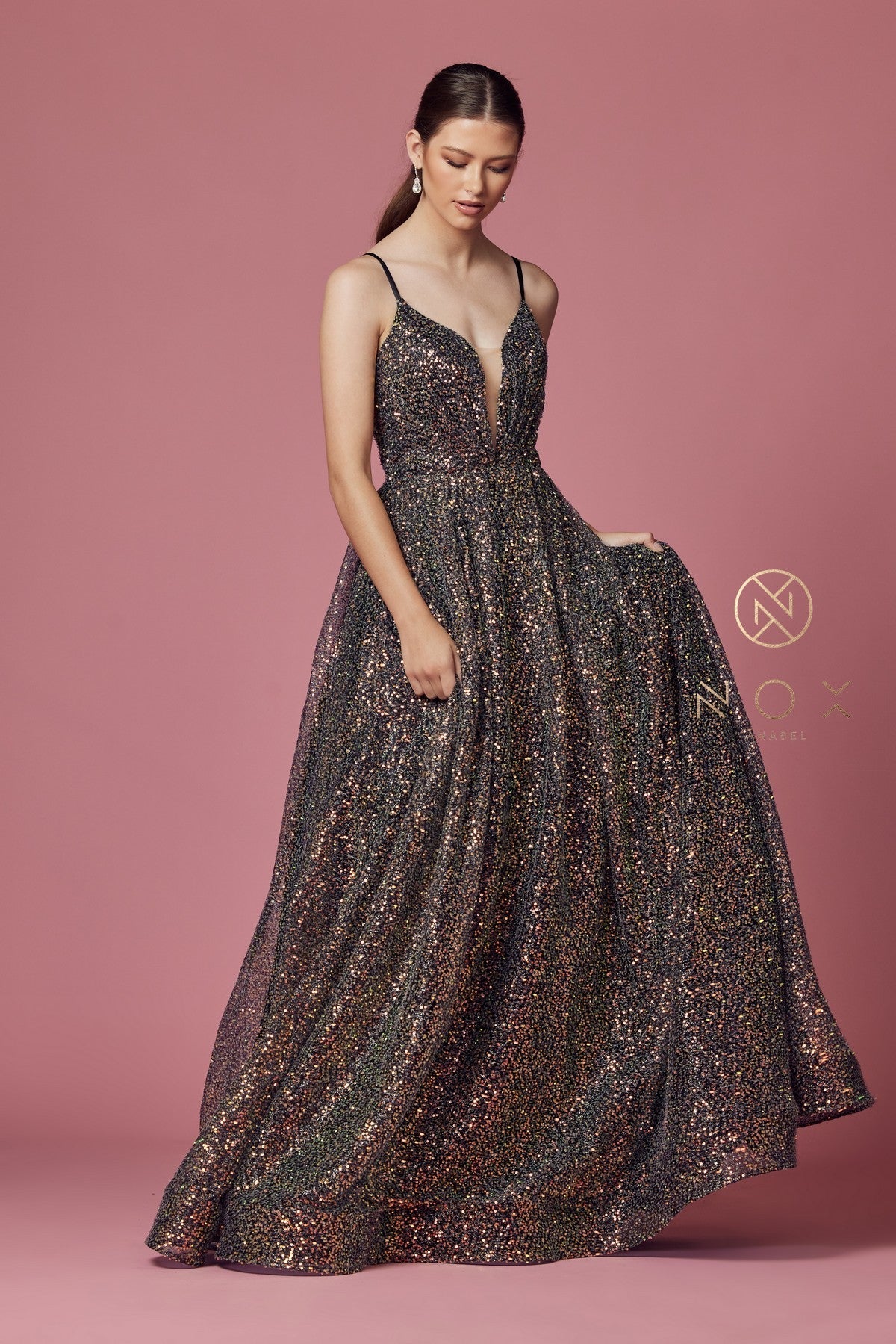 Sleeveless Gown with Iridescent Glitter by Nox Anabel R1030 sheerdreamz