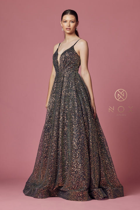 Sleeveless Gown with Iridescent Glitter by Nox Anabel R1030