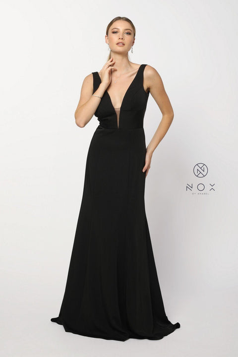 Long Sleeveless Gown with Deep V-Neckline by Nox Anabel Q010