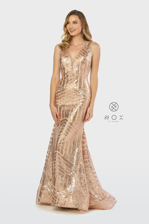 Long Sleeveless Sequin Print Trumpet Dress by Nox Anabel C214