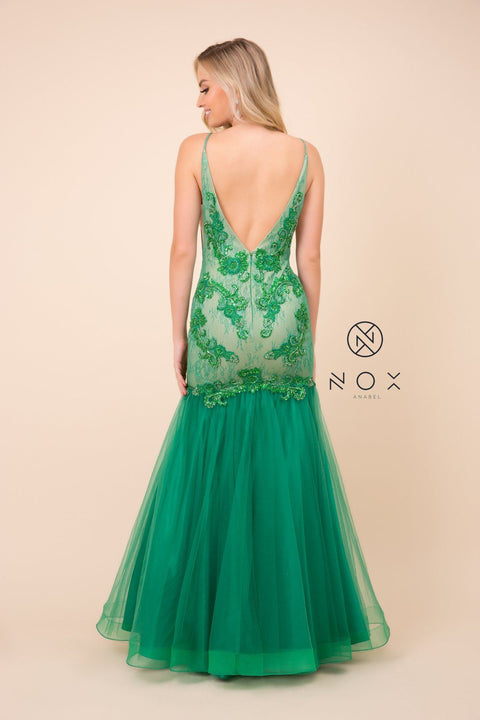 Beaded Sleeveless V-Neck Lace Tulle Mermaid Gown by Nox Anabel E185