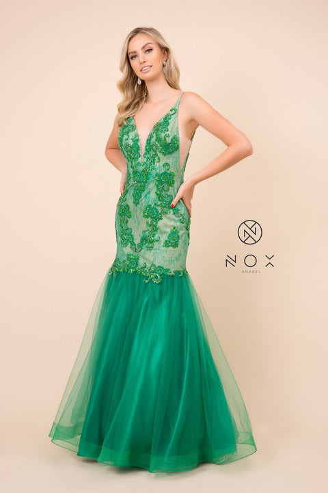 Beaded Sleeveless V-Neck Lace Tulle Mermaid Gown by Nox Anabel E185