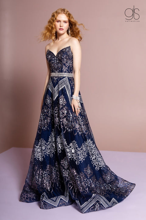 GLS Gloria GL2649: A-line Glitter Print Gown with Strapless Design