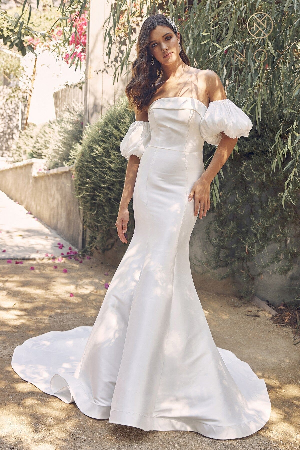 white puff sleeve dress formal Strapless Mermaid Puff Sleeve Bridal Dress by Nox Anabel JE966– sheerdreamz