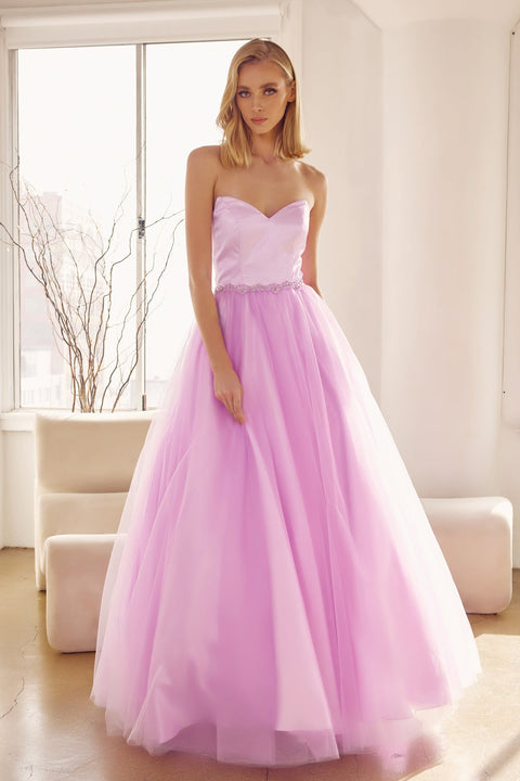 Strapless Lace-Up Back Tulle Gown by Juliet 265