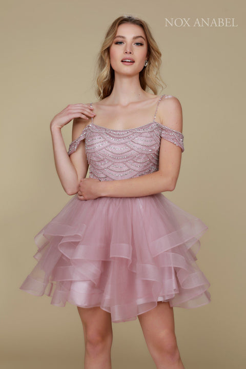 Off-Shoulders Beaded Tiered A-Line Cocktail Prom Dress T668 by Nox Anabel