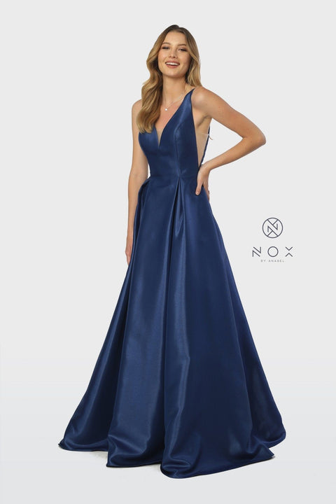 Long Taffeta V-Neck  Dress by Nox Anabel E156