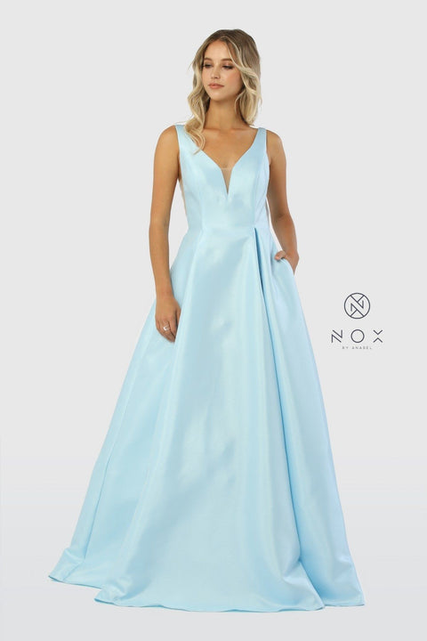 Long Taffeta V-Neck  Dress by Nox Anabel E156