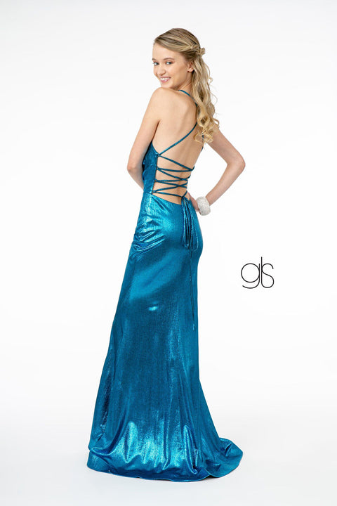 Elizabeth K GL2943: Metallic Mermaid Gown with V-Neck and Corset Back
