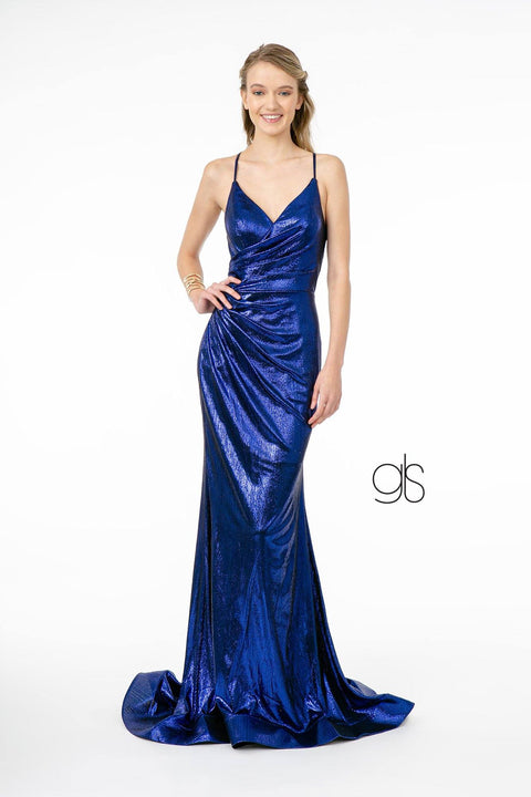 Elizabeth K GL2943: Metallic Mermaid Gown with V-Neck and Corset Back