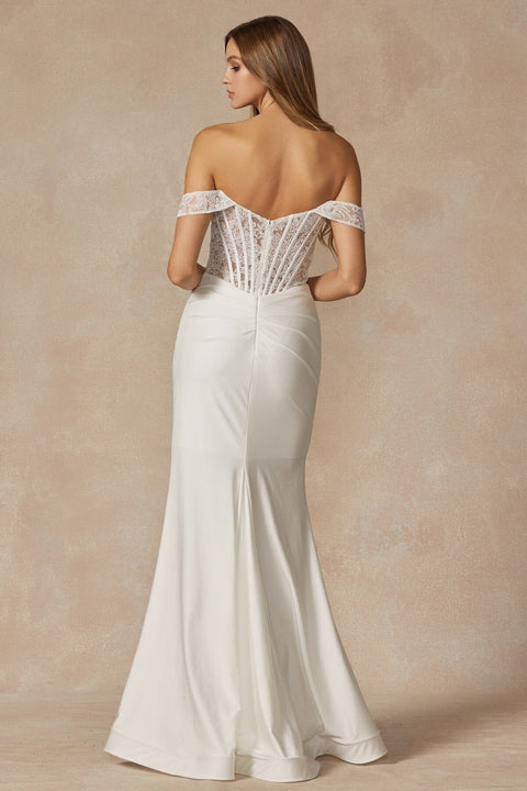 Juliet 2407W: Off-Shoulder Corset Gown with White Embroidery