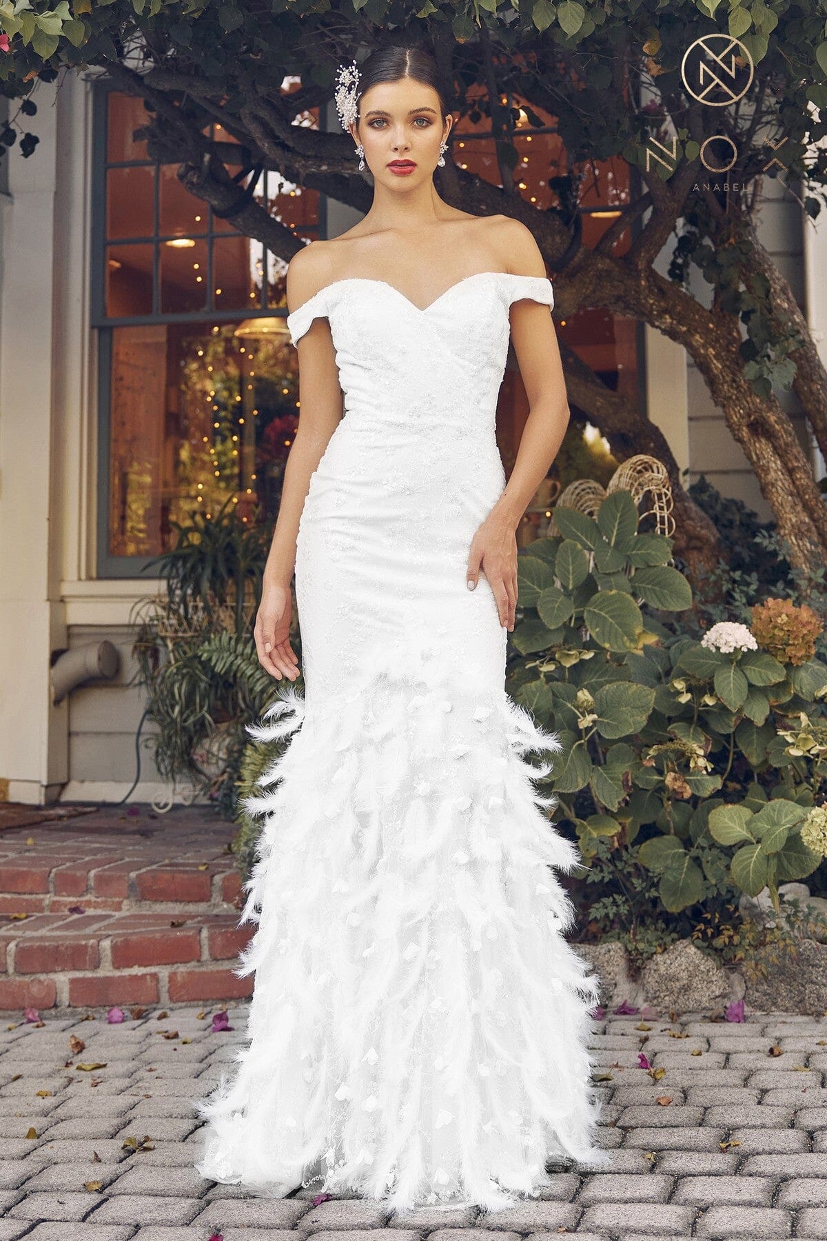 Off Shoulder White Fitted Feather Gown by Nox Anabel C1106W sheerdreamz Off Shoulder White Fitted Feather Gown by Nox Anabel C1106W sheerdreamz