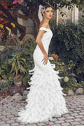 Off Shoulder White Fitted Feather Gown by Nox Anabel C1106W