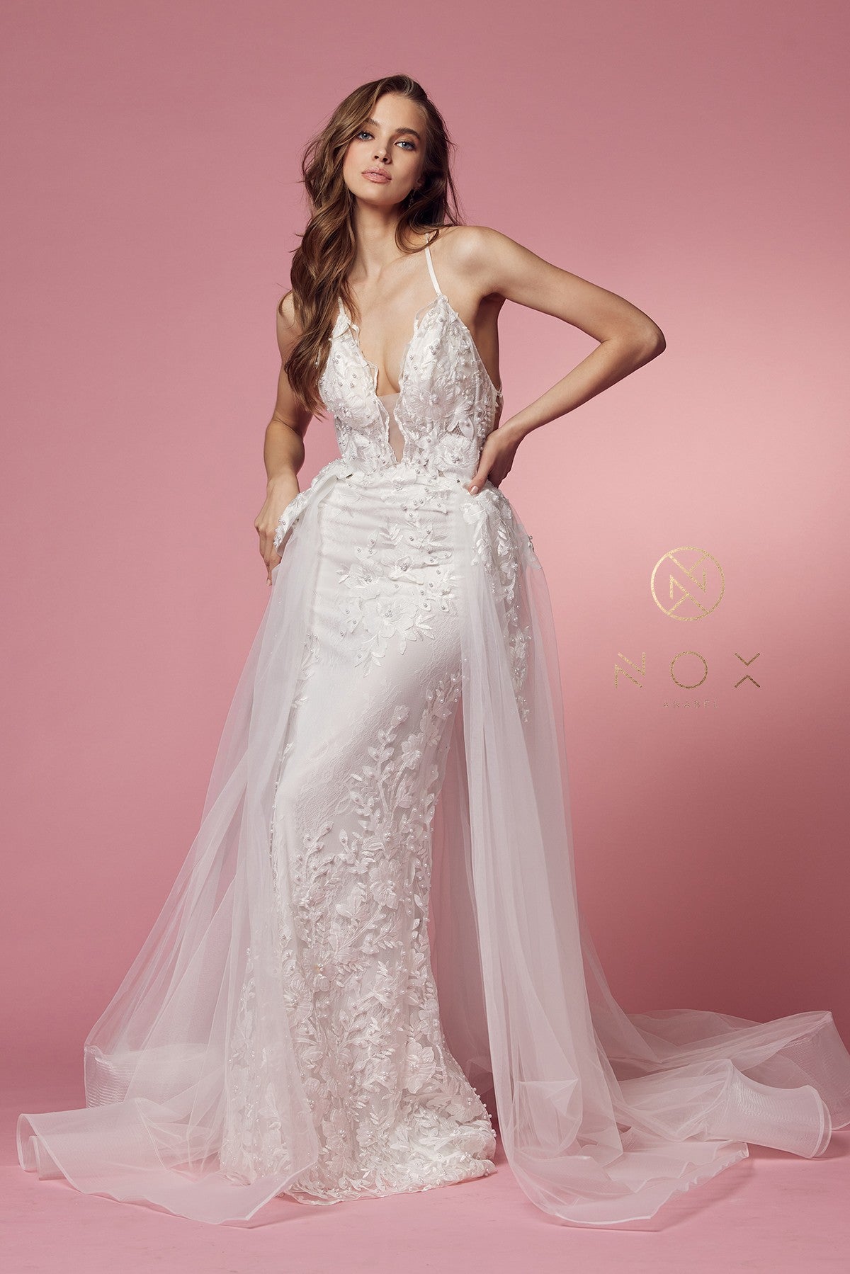 Elegant White Lace Overskirt Gown by Nox Anabel F485W– sheerdreamz