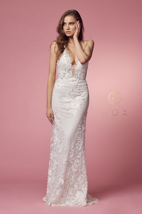 Elegant White Lace Overskirt Gown by Nox Anabel F485W