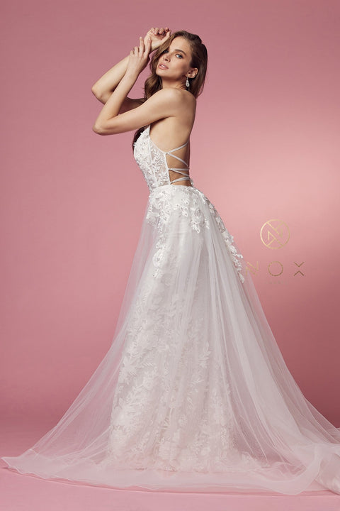 Elegant White Lace Overskirt Gown by Nox Anabel F485W