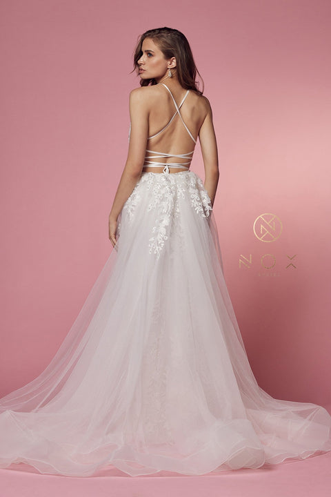 Elegant White Lace Overskirt Gown by Nox Anabel F485W