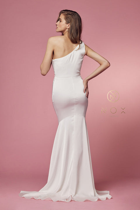 Fitted White One Shoulder Gown by Nox Anabel E483