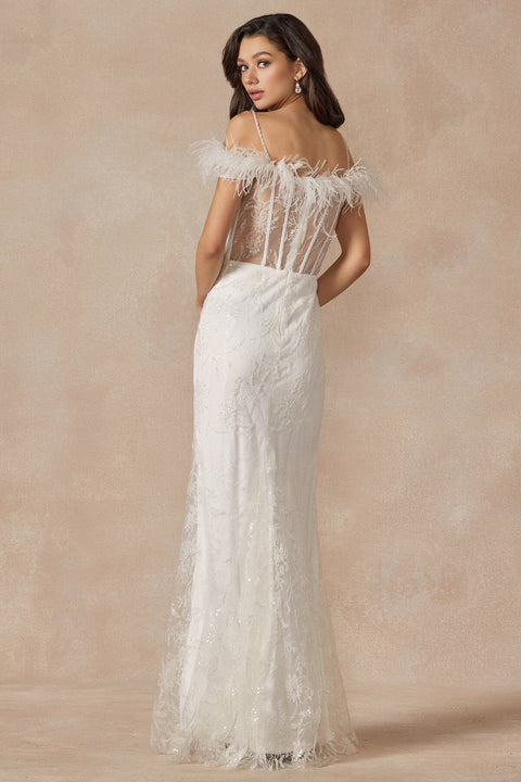 Glitter Print Off White  Shoulder Feather Gown by Juliet 2402W