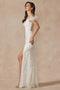 Glitter Print Off White  Shoulder Feather Gown by Juliet 2402W