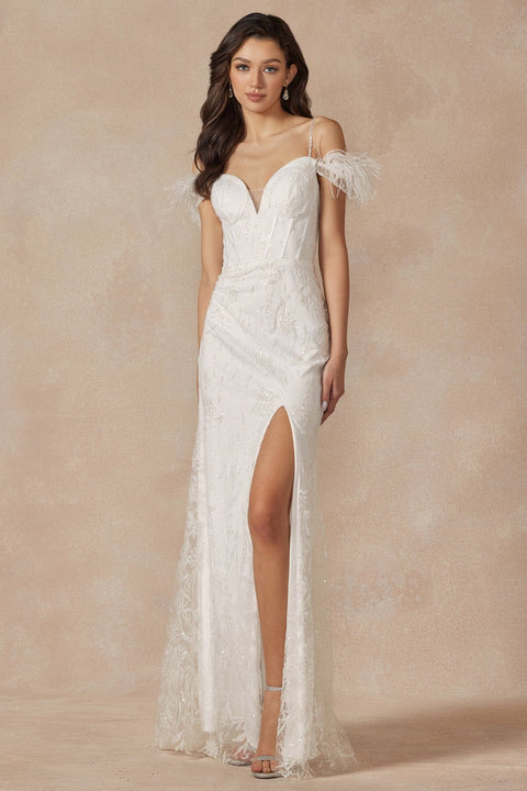 Glitter Print Off White  Shoulder Feather Gown by Juliet 2402W