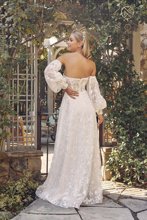 Nox Anabel K1155W: White Gown with Glitter Print and Puff Sleeves