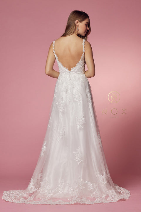 V-Neck Gown with White Lace Appliques by Nox Anabel C461