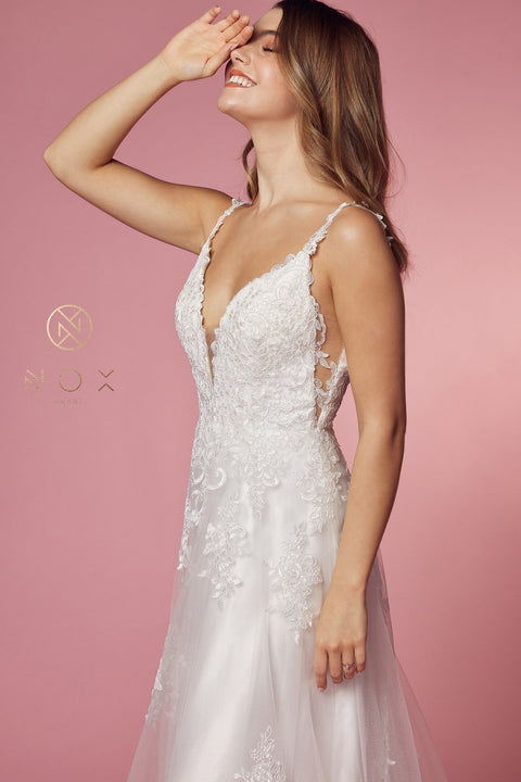 V-Neck Gown with White Lace Appliques by Nox Anabel C461