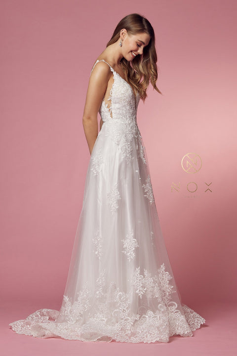 V-Neck Gown with White Lace Appliques by Nox Anabel C461