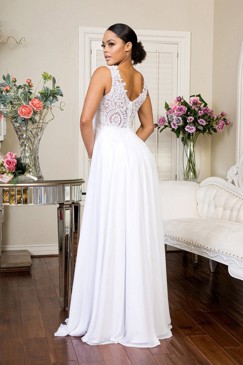 Elizabeth K Gl2311: Long White Dress with Appliqué Detailing and V-Neckline – alternate view 2