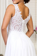 Elizabeth K GL2311: Long White Dress with Appliqué Detailing and V-Neckline