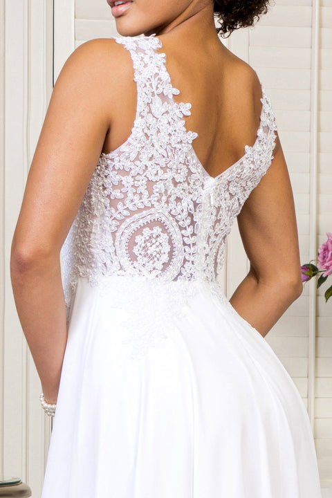Elizabeth K Gl2311: Long White Dress with Appliqué Detailing and V-Neckline – alternate view 4