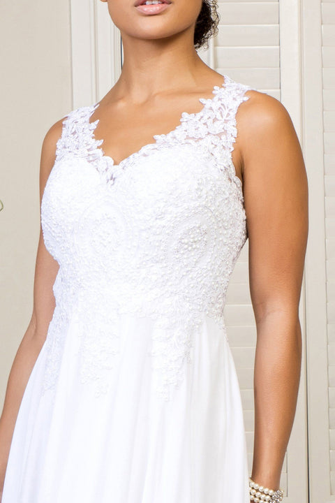 Elizabeth K Gl2311: Long White Dress with Appliqué Detailing and V-Neckline – alternate view 3